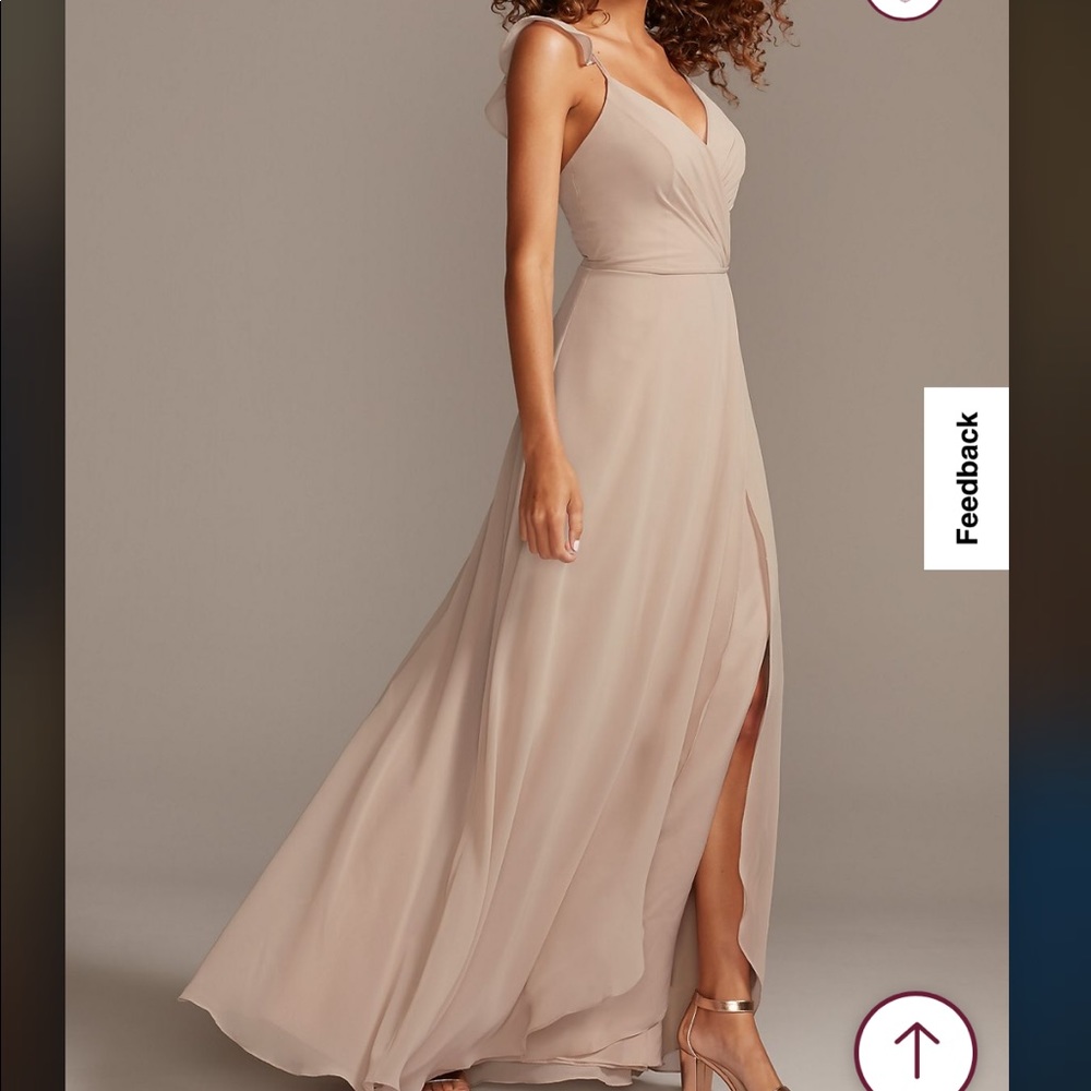 David’s Bridal Ruffle Spaghetti Strap Chiffon Bridesmaid Dress in Biscotti
